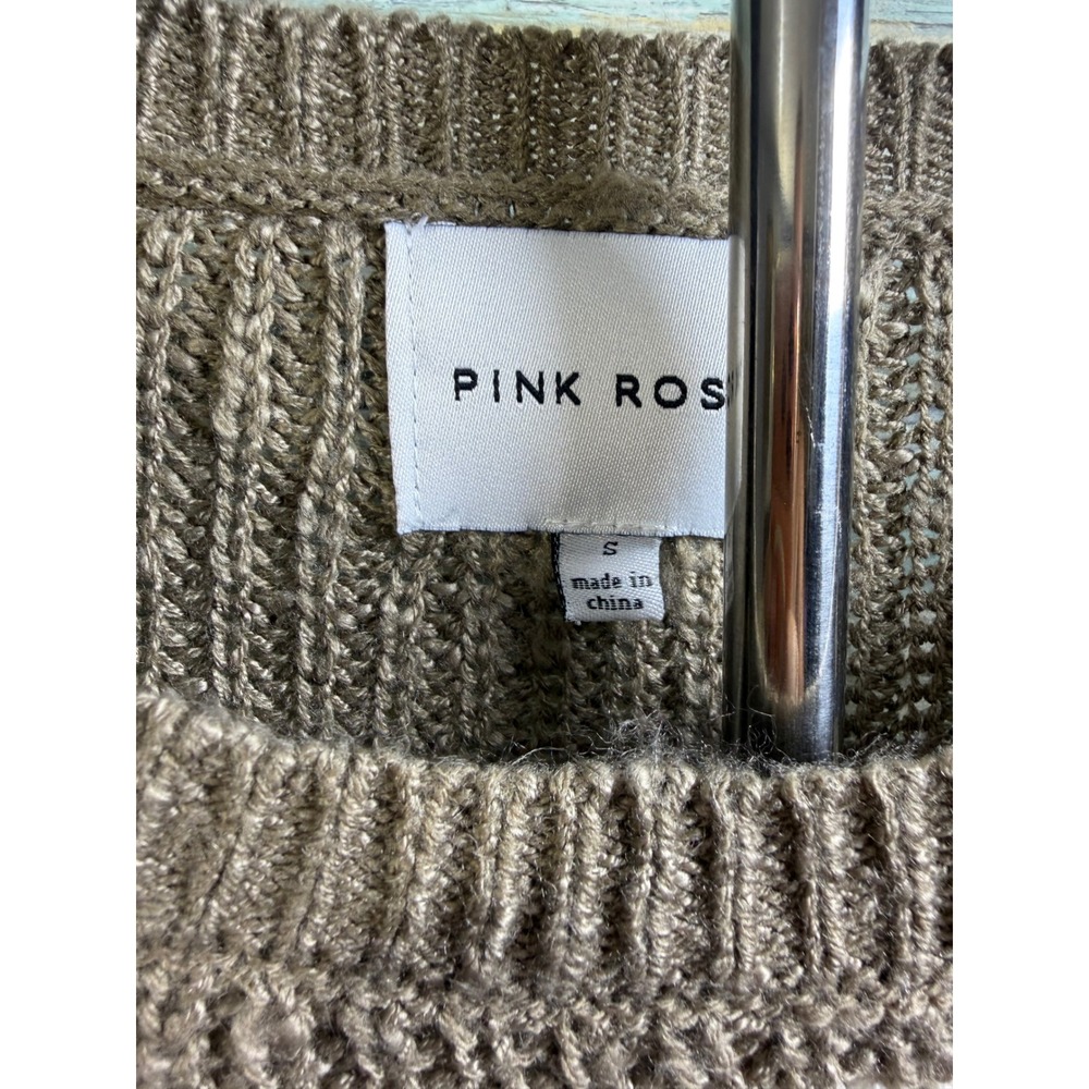 Pink Rose Sweater S Olive Green Striped Lace Up Side Shaker Knit Pullover - Picture 3 of 4